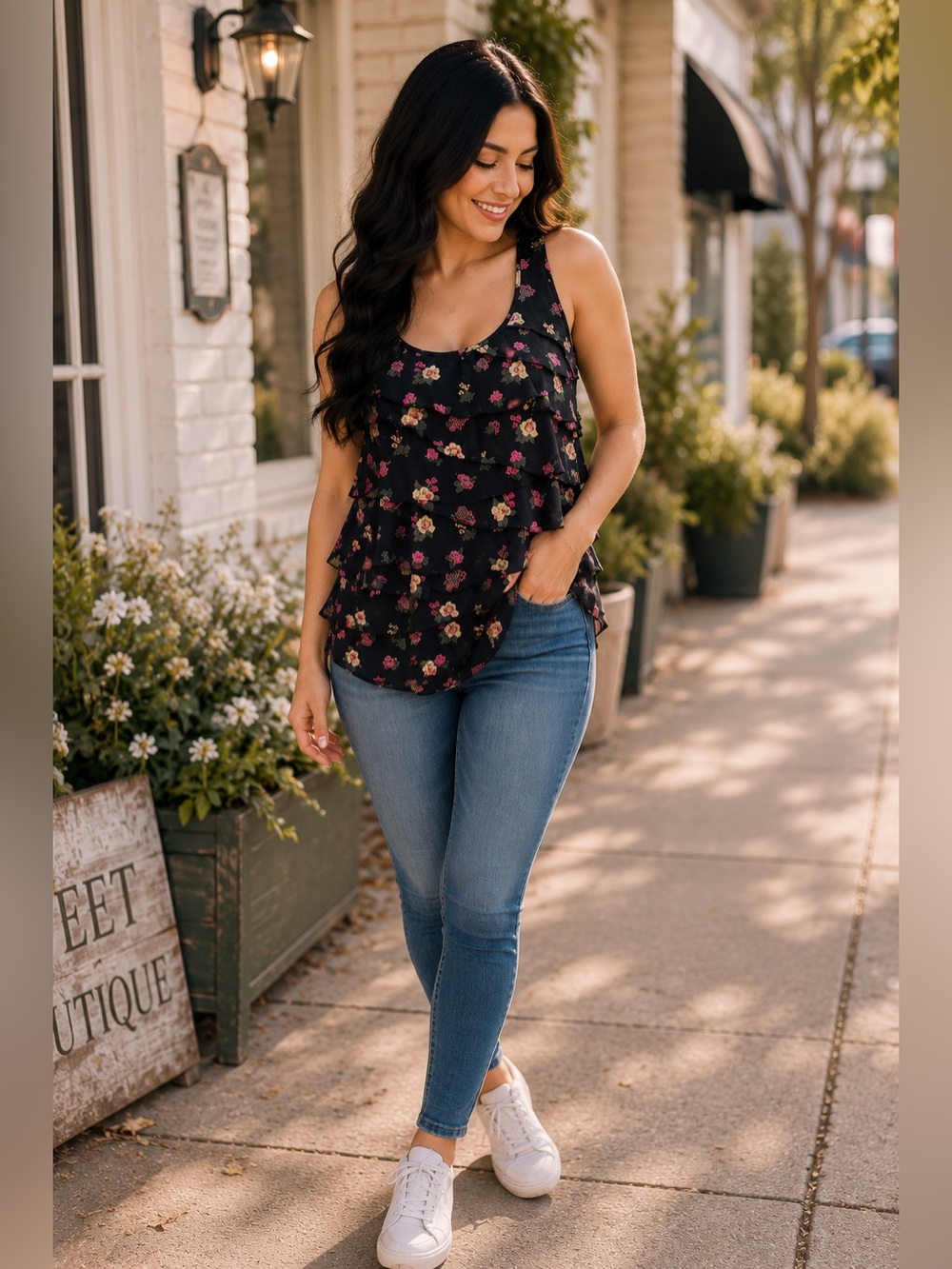 Forever 21 Floral Ruffle Tank Top | Black Floral | Size Small